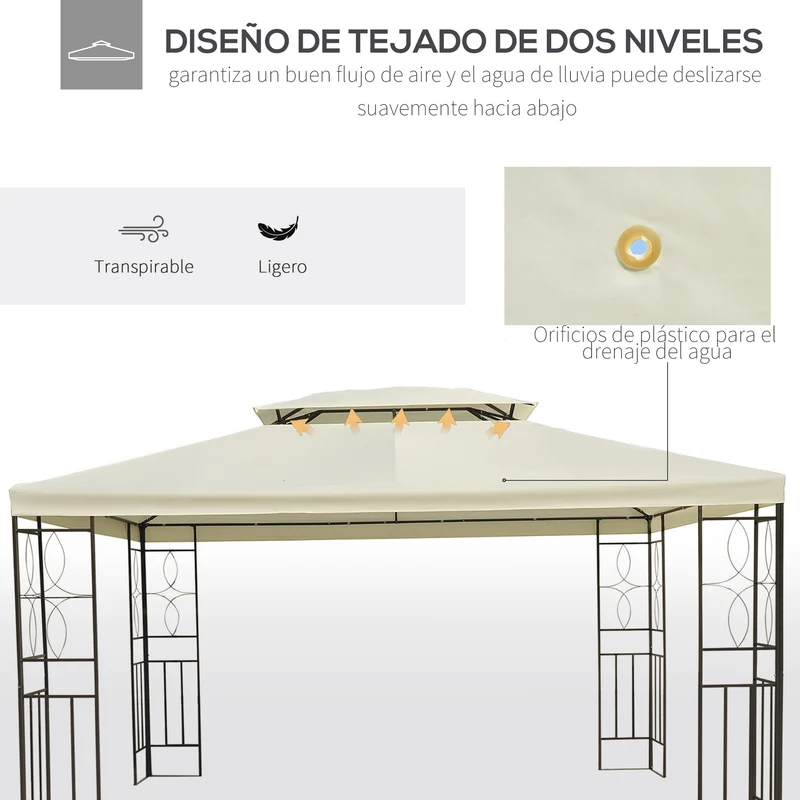 Outsunny Cenador de Jardín 4x3 m, Pabellón de Jardín Gazebo con Doble Techo, Marco de Acero, 8 Orificios de Drenaje, UPF30+, Carpa para Exterior, Terraza, Patio, Fiestas, Blanco Crema