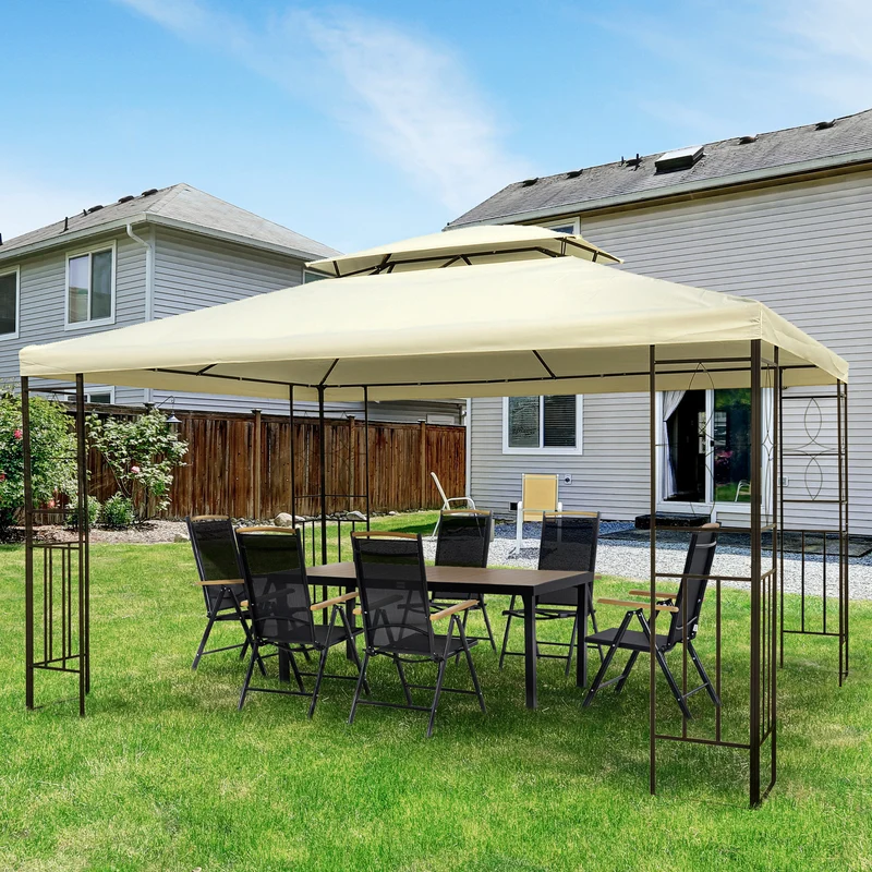 Outsunny Cenador de Jardín 4x3 m, Pabellón de Jardín Gazebo con Doble Techo, Marco de Acero, 8 Orificios de Drenaje, UPF30+, Carpa para Exterior, Terraza, Patio, Fiestas, Blanco Crema