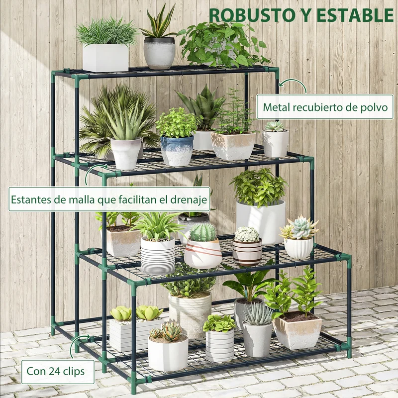 Outsunny Soporte para Plantas de 4 Niveles, Estantería para Plantas de Acero, Diseño en Escalera, Soporte para Macetas para Interior y Exterior, Jardín, Balcón y Patio, 94x84x110 cm, Verde Oscuro