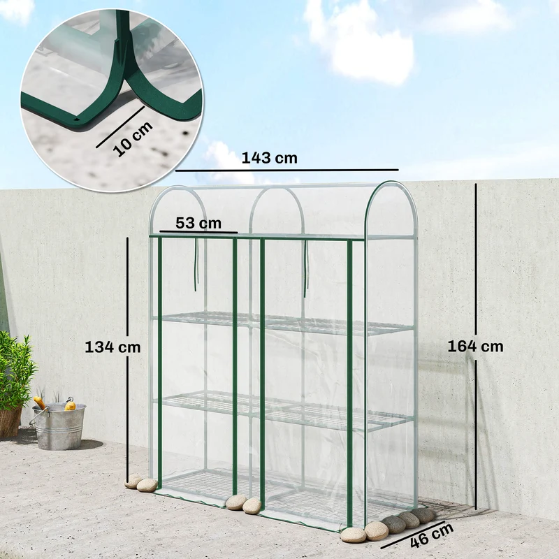 Outsunny Invernadero Pequeño de 3 Niveles, Invernadero de Exterior con 2 Puertas Enrollables, Marco de Acero y Cubierta de Plástico Anti-UV para Cultivar Plantas, Flores, 143x46x164 cm, Transparente
