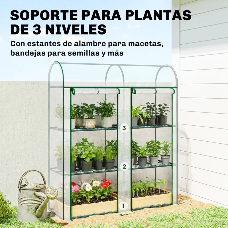 Outsunny Invernadero Pequeño de 3 Niveles, Invernadero de Exterior con 2 Puertas Enrollables, Marco de Acero y Cubierta de Plástico Anti-UV para Cultivar Plantas, Flores, 143x46x164 cm, Transparente