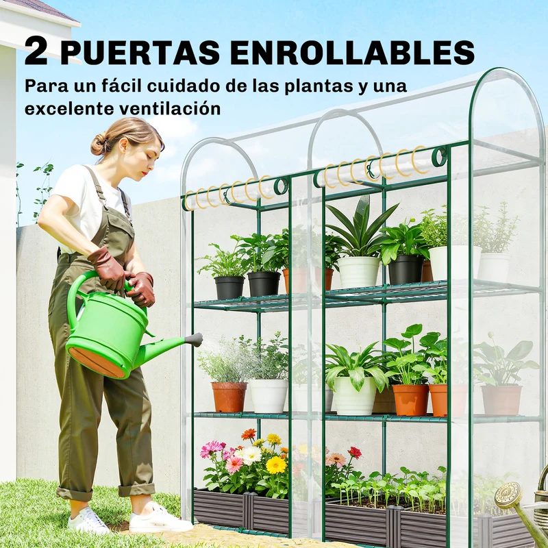 Outsunny Invernadero Pequeño de 3 Niveles, Invernadero de Exterior con 2 Puertas Enrollables, Marco de Acero y Cubierta de Plástico Anti-UV para Cultivar Plantas, Flores, 143x46x164 cm, Transparente