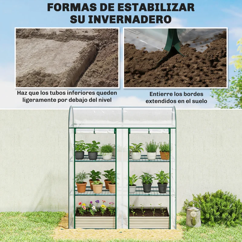 Outsunny Invernadero Pequeño de 3 Niveles, Invernadero de Exterior con 2 Puertas Enrollables, Marco de Acero y Cubierta de Plástico Anti-UV para Cultivar Plantas, Flores, 143x46x164 cm, Transparente