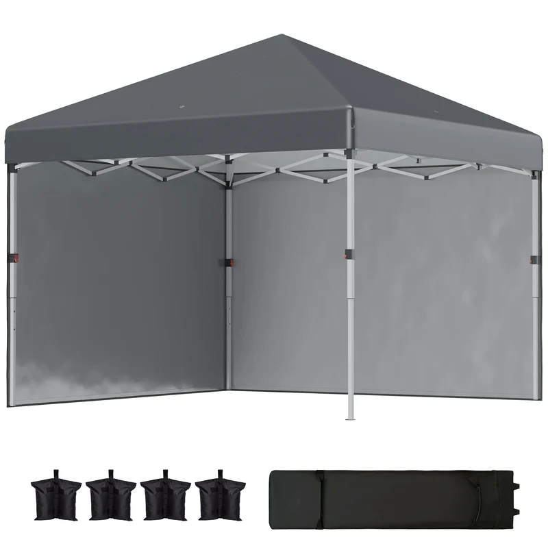 Outsunny Carpa Plegable Pop-up Gazebo 3x3 m Cenador Plegable con 2 Paredes Laterales Anti-UV Altura Ajustable en 3 Niveles Sacos de Arena y Bolsa de Transporte con Ruedas para Camping Gris Oscuro
