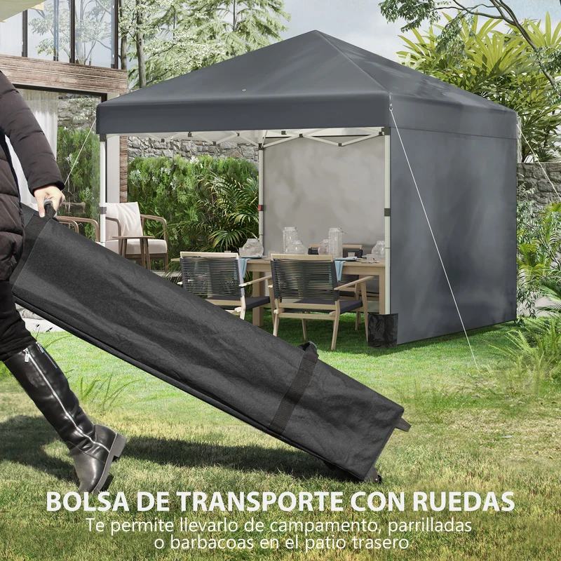 Outsunny Carpa Plegable Pop-up Gazebo 3x3 m Cenador Plegable con 2 Paredes Laterales Anti-UV Altura Ajustable en 3 Niveles Sacos de Arena y Bolsa de Transporte con Ruedas para Camping Gris Oscuro