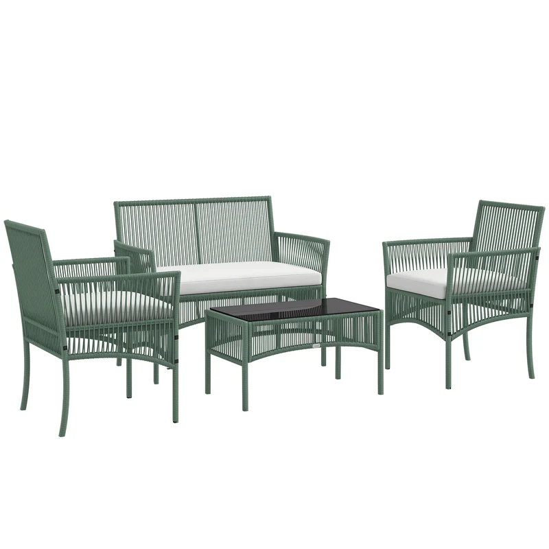 Conjunto jardín ratán 4 piezas – sofá 2 plazas, 2 sillones, cojines y mesa vidrio, patio, verde oscuro | Outsunny