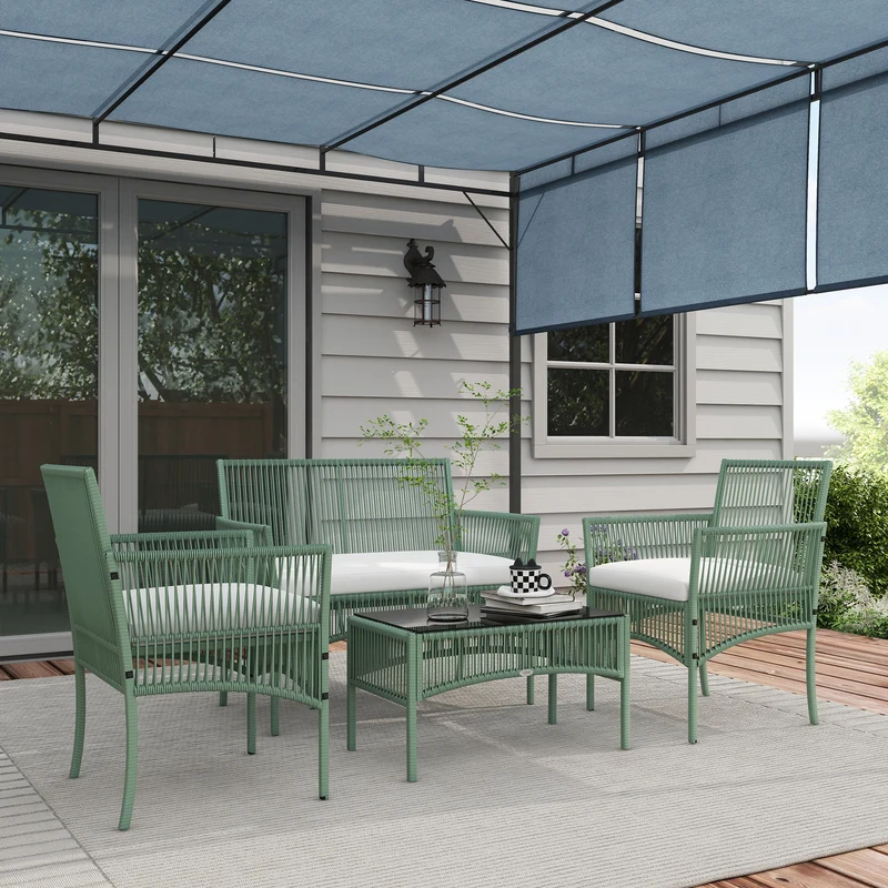 Conjunto jardín ratán 4 piezas – sofá 2 plazas, 2 sillones, cojines y mesa vidrio, patio, verde oscuro | Outsunny