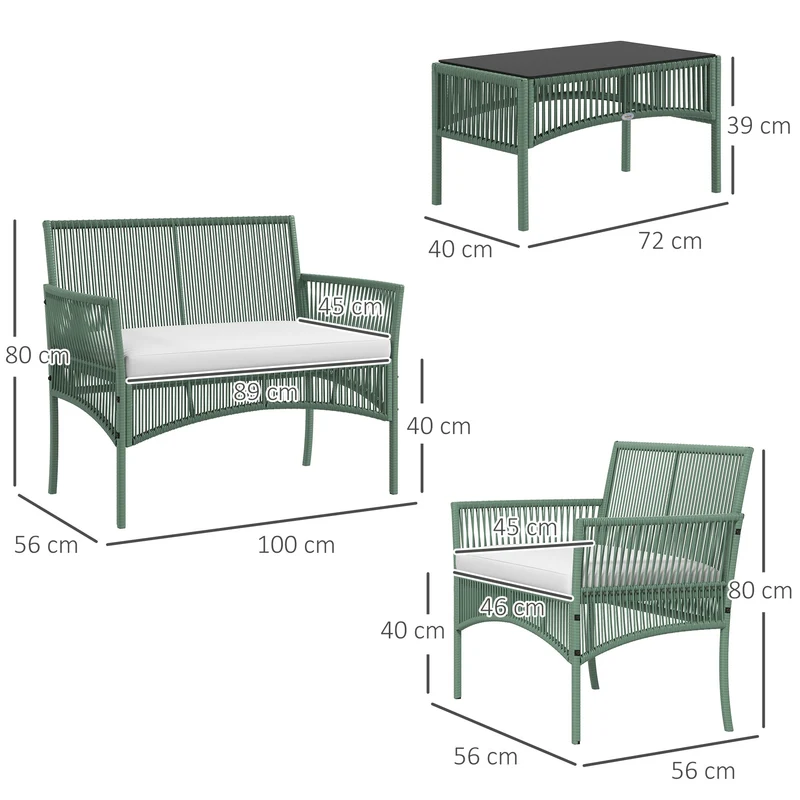 Conjunto jardín ratán 4 piezas – sofá 2 plazas, 2 sillones, cojines y mesa vidrio, patio, verde oscuro | Outsunny