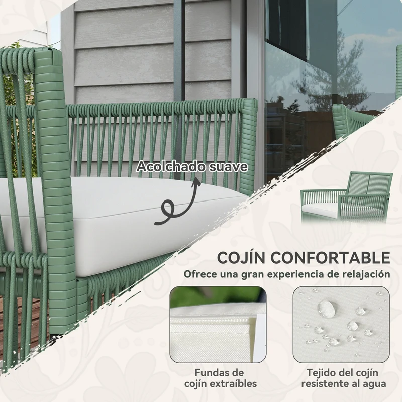 Conjunto jardín ratán 4 piezas – sofá 2 plazas, 2 sillones, cojines y mesa vidrio, patio, verde oscuro | Outsunny