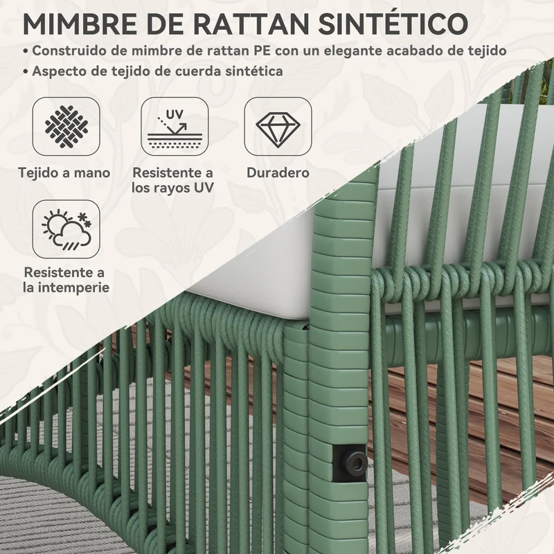 Conjunto jardín ratán 4 piezas – sofá 2 plazas, 2 sillones, cojines y mesa vidrio, patio, verde oscuro | Outsunny