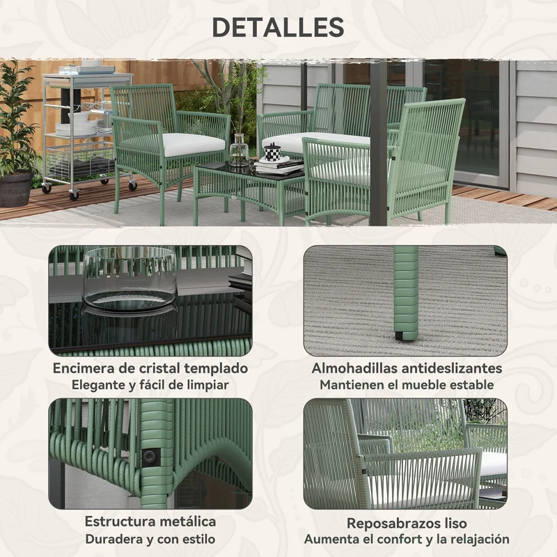 Conjunto jardín ratán 4 piezas – sofá 2 plazas, 2 sillones, cojines y mesa vidrio, patio, verde oscuro | Outsunny
