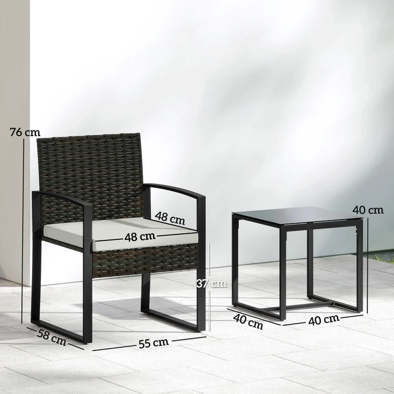 Outsunny Conjunto de Jardín Exterior de 3 Piezas, Muebles Jardín Exterior de Ratán con 2 Sillas con Cojines Lavables y Mesa de Vidrio Templado, Resistente a Intemperie, para Balcón, Patio, Crema
