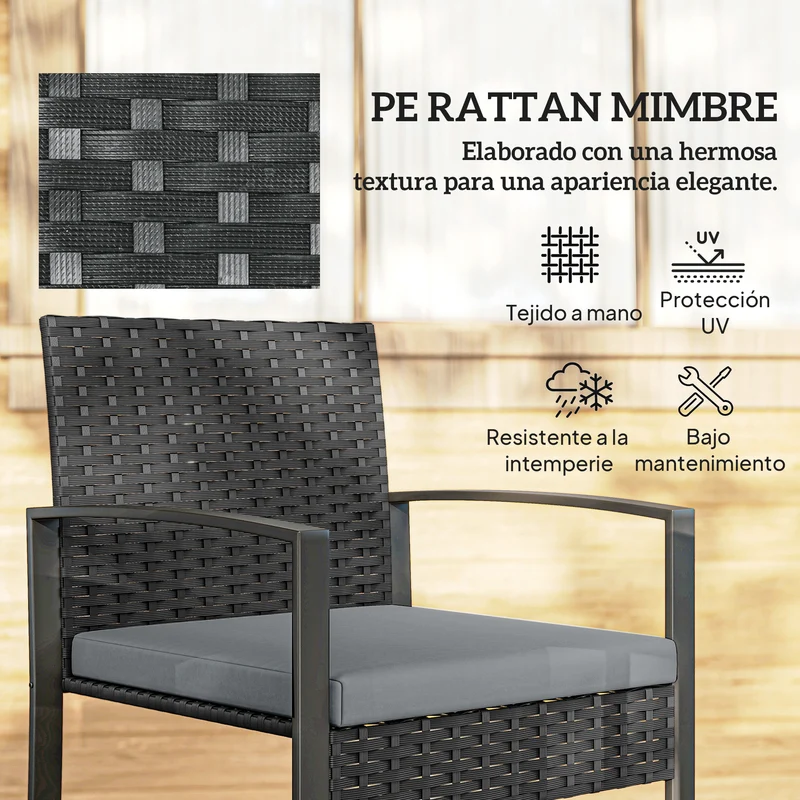 Outsunny Conjunto de Jardín Exterior de 3 Piezas, Muebles Jardín Exterior de Ratán con 2 Sillas con Cojines Lavables y Mesa de Vidrio Templado, Resistente a Intemperie, para Balcón, Patio, Gris Claro
