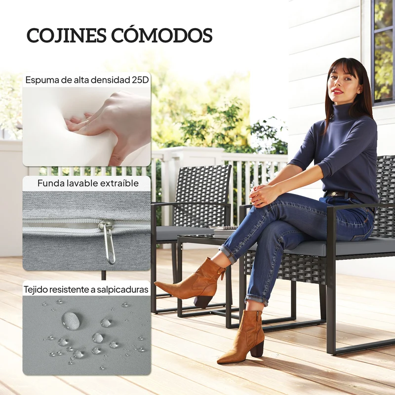 Outsunny Conjunto de Jardín Exterior de 3 Piezas, Muebles Jardín Exterior de Ratán con 2 Sillas con Cojines Lavables y Mesa de Vidrio Templado, Resistente a Intemperie, para Balcón, Patio, Gris Claro