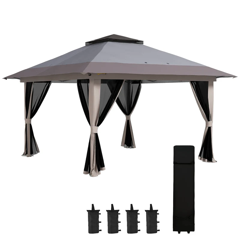 Outsunny Carpa Plegable Pop-up 4x4x2,8 m Cenador de Jardín con Paredes Altura Ajustable Anti-UV Impermeable Doble Techo Mosquiteras y Bolsa de Ruedas Gazebo para Exterior Fiestas Camping Gris Claro