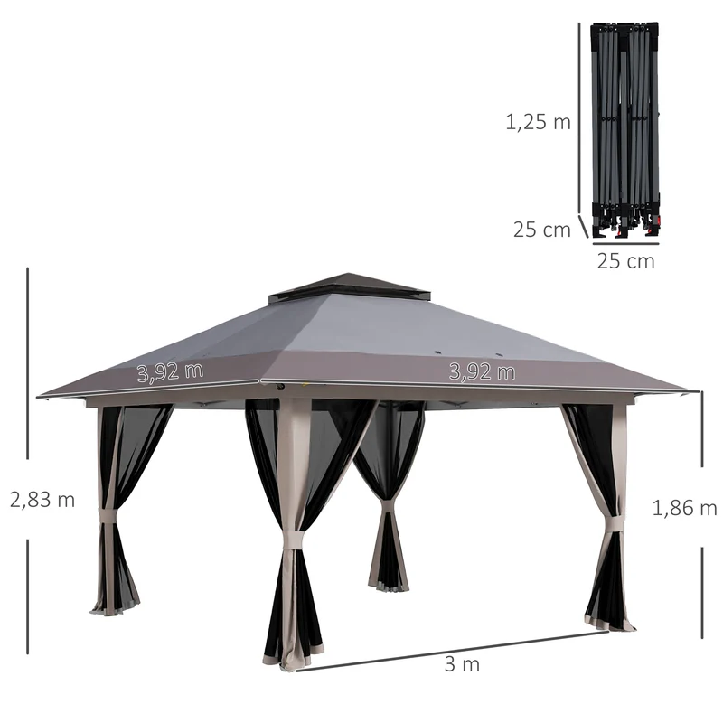Outsunny Carpa Plegable Pop-up 4x4x2,8 m Cenador de Jardín con Paredes Altura Ajustable Anti-UV Impermeable Doble Techo Mosquiteras y Bolsa de Ruedas Gazebo para Exterior Fiestas Camping Gris Claro