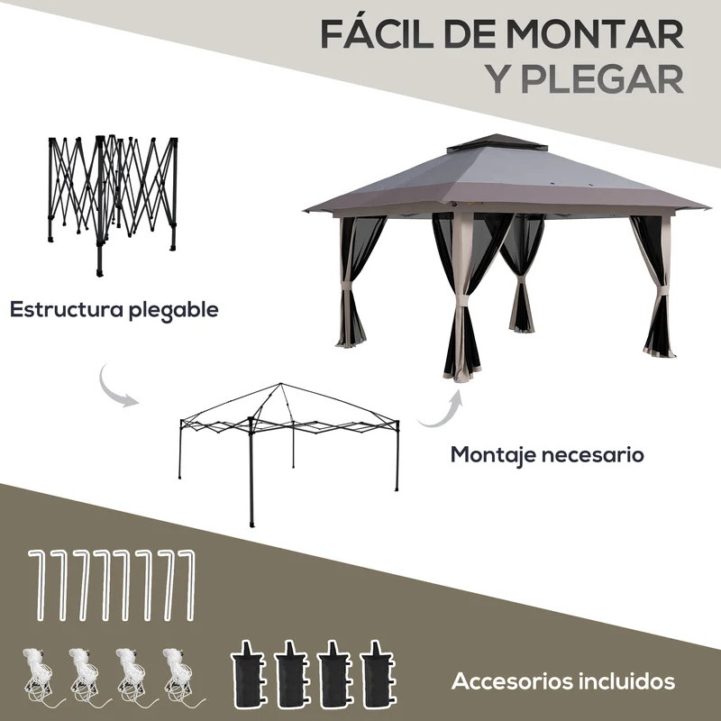 Outsunny Carpa Plegable Pop-up 4x4x2,8 m Cenador de Jardín con Paredes Altura Ajustable Anti-UV Impermeable Doble Techo Mosquiteras y Bolsa de Ruedas Gazebo para Exterior Fiestas Camping Gris Claro