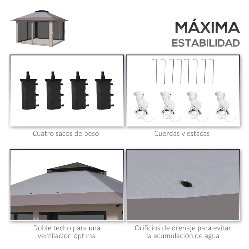 Outsunny Carpa Plegable Pop-up 4x4x2,8 m Cenador de Jardín con Paredes Altura Ajustable Anti-UV Impermeable Doble Techo Mosquiteras y Bolsa de Ruedas Gazebo para Exterior Fiestas Camping Gris Claro