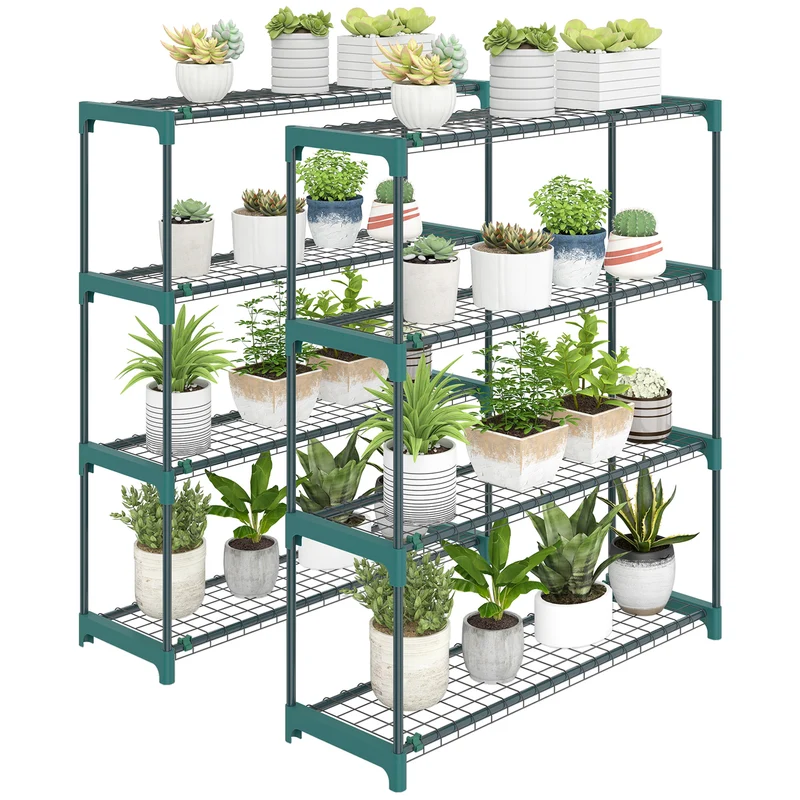 Outsunny Juego de 2 Soportes para Plantas de 4 Niveles para Interior y Exterior, Estanterías para Plantas de Acero con Conectores para Fácil Montaje, Estantes para Macetas, Jardín, Balcón, Verde