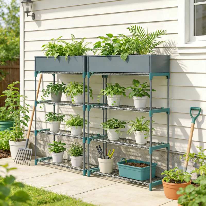 Outsunny Juego de 2 Soportes para Plantas de 4 Niveles para Interior y Exterior, Estanterías para Plantas de Acero con Conectores para Fácil Montaje, Estantes para Macetas, Jardín, Balcón, Verde