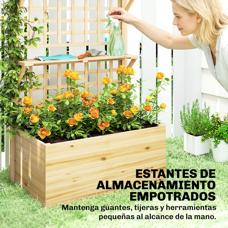 Outsunny Jardinera con Enrejado y Techo de Madera, Jardinera Exterior Grande para Plantas Trepadoras, con 2 Estantes, Drenaje y Forro, Macetero Elevado para Patio, Terraza, 76x43,5x177 cm, Natural