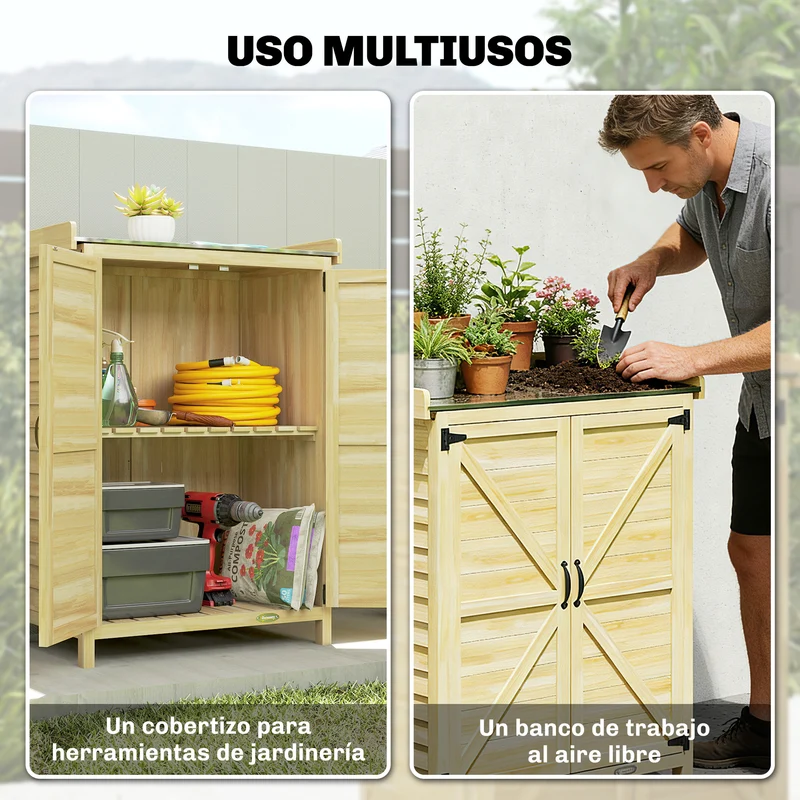 Outsunny Armario de Exterior de Madera, Caseta de Jardín Exterior con Techo de Metal Galvanizado, Estantes, 2 Puertas, Ganchos, Cobertizo de Jardín para Almacenaje Herramientas, 71,5x39x95 cm, Natural