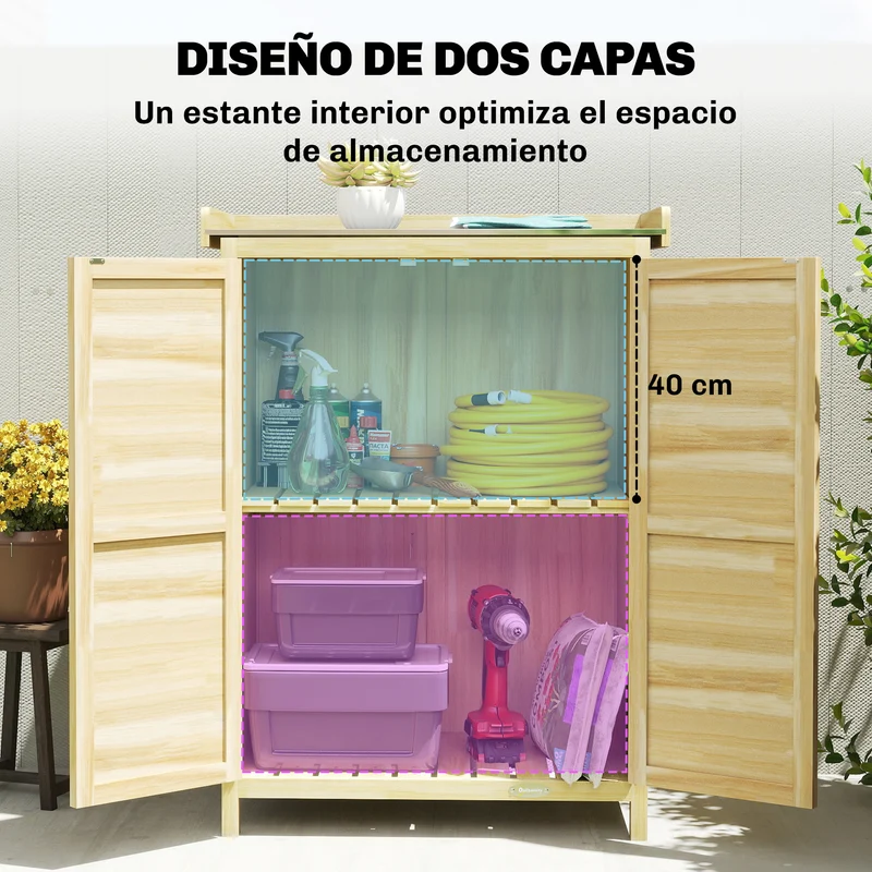 Outsunny Armario de Exterior de Madera, Caseta de Jardín Exterior con Techo de Metal Galvanizado, Estantes, 2 Puertas, Ganchos, Cobertizo de Jardín para Almacenaje Herramientas, 71,5x39x95 cm, Natural