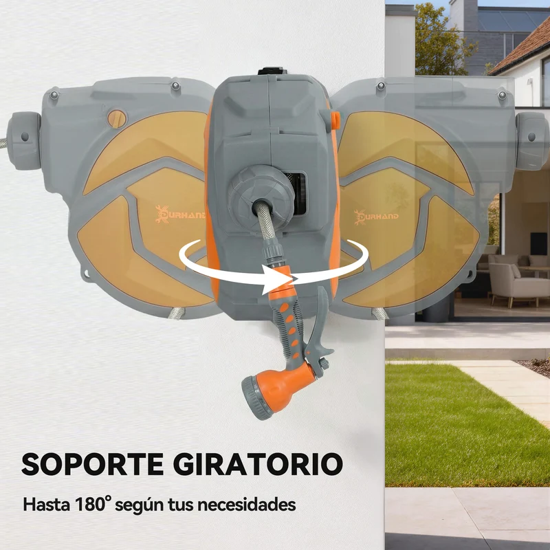 DURHAND Enrollador de Manguera para Jardín 10+1 m con Boquilla de 7 Funciones, Carrete de Manguera de Jardín de Pared, Giratorio 180°, con Retorno Enrollado Automático, Gris Oscuro y Naranja
