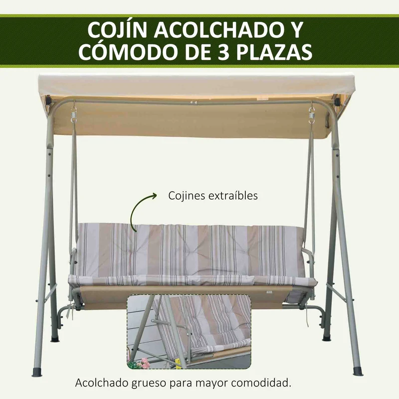 Outsunny Columpio de Jardín Exterior de 3 Plazas, Balancín de Jardín Exterior con Techo Ajustable y Marco de Acero, para Balcón, Terraza, Patio, Carga 210 kg, 172x110x156 cm, Marrón Claro