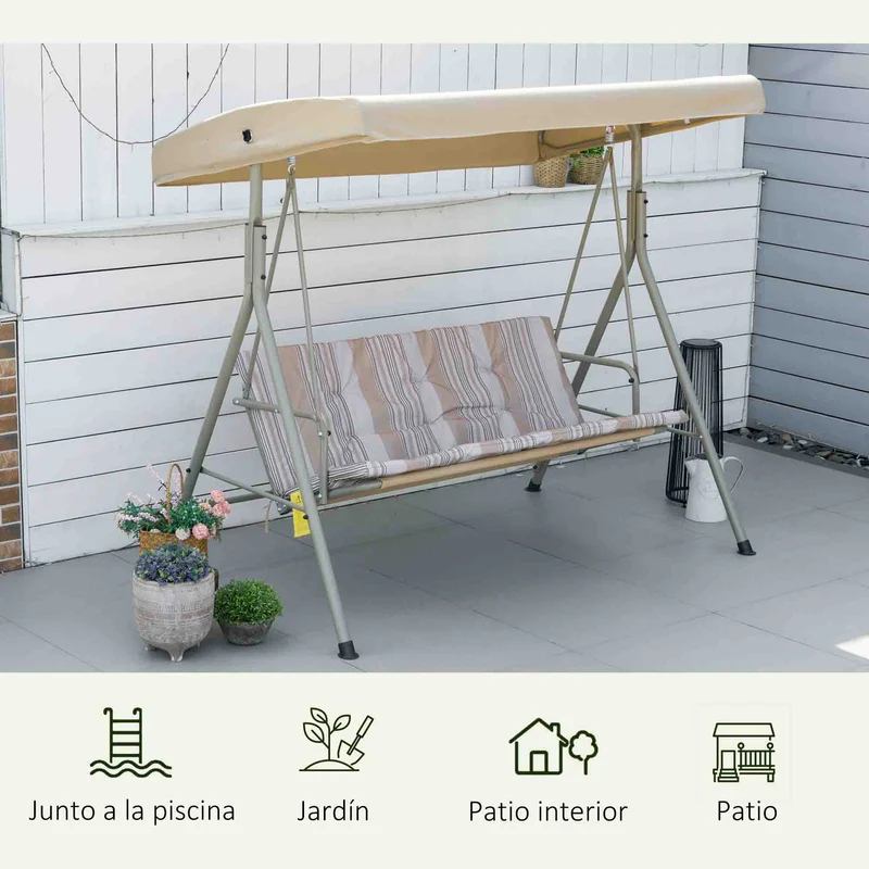 Outsunny Columpio de Jardín Exterior de 3 Plazas, Balancín de Jardín Exterior con Techo Ajustable y Marco de Acero, para Balcón, Terraza, Patio, Carga 210 kg, 172x110x156 cm, Marrón Claro