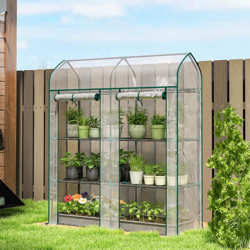 Outsunny Invernadero Pequeño de 3 Niveles, Invernadero de Exterior con 2 Puertas Enrollables, Marco de Acero y Cubierta de Plástico Anti-UV para Cultivar Plantas, Flores, 143x46x165 cm, Transparente