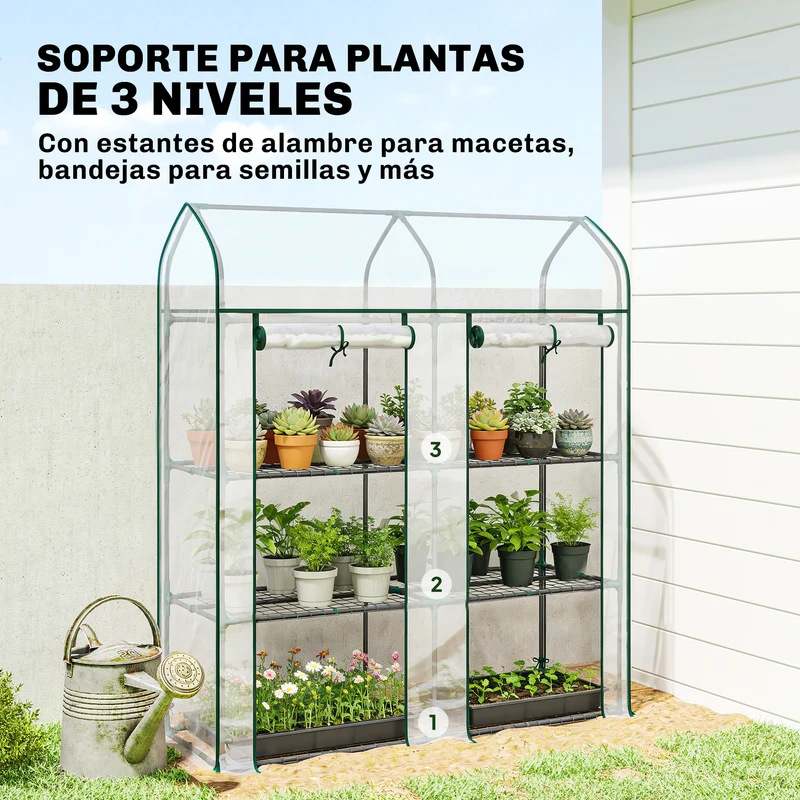 Outsunny Invernadero Pequeño de 3 Niveles, Invernadero de Exterior con 2 Puertas Enrollables, Marco de Acero y Cubierta de Plástico Anti-UV para Cultivar Plantas, Flores, 143x46x165 cm, Transparente