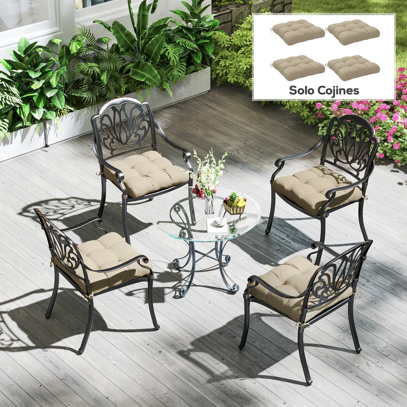 Outsunny Conjunto de Cojines para Sillas de Comedor 48x48x10 cm Juego de 4 Piezas Cojines para Sillas de Jardín Impermeable y Anti-UV con 2 Cordones de Fijación Caqui