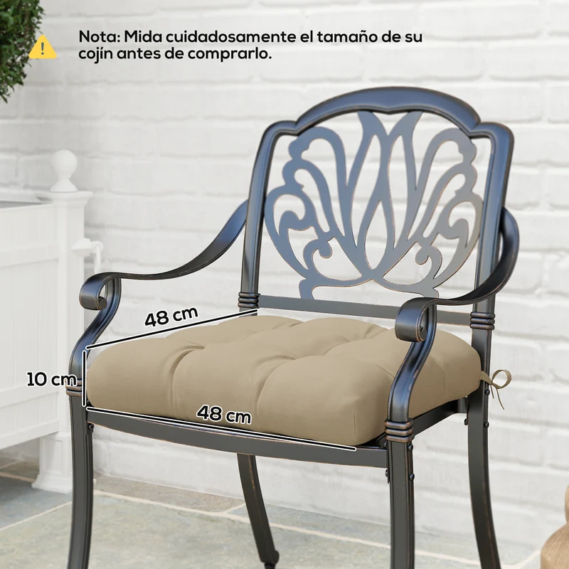 Outsunny Conjunto de Cojines para Sillas de Comedor 48x48x10 cm Juego de 4 Piezas Cojines para Sillas de Jardín Impermeable y Anti-UV con 2 Cordones de Fijación Caqui