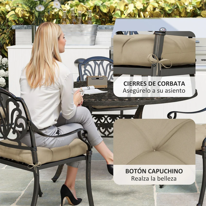 Outsunny Conjunto de Cojines para Sillas de Comedor 48x48x10 cm Juego de 4 Piezas Cojines para Sillas de Jardín Impermeable y Anti-UV con 2 Cordones de Fijación Caqui