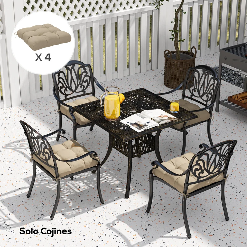 Outsunny Conjunto de Cojines para Sillas de Comedor 48x48x10 cm Juego de 4 Piezas Cojines para Sillas de Jardín Impermeable y Anti-UV con 2 Cordones de Fijación Caqui