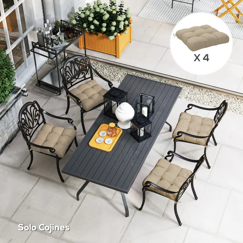 Outsunny Conjunto de Cojines para Sillas de Comedor 48x48x10 cm Juego de 4 Piezas Cojines para Sillas de Jardín Impermeable y Anti-UV con 2 Cordones de Fijación Caqui
