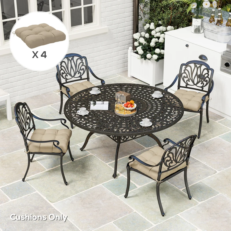 Outsunny Conjunto de Cojines para Sillas de Comedor 48x48x10 cm Juego de 4 Piezas Cojines para Sillas de Jardín Impermeable y Anti-UV con 2 Cordones de Fijación Caqui