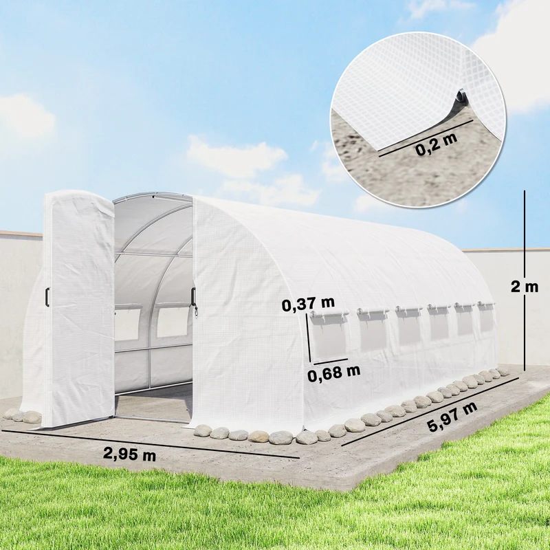 Outsunny Invernadero de Exterior 6x3x2 m, Invernadero de Túnel con Puerta con Bisagras, Ventanas de Malla, Cubierta PE 140g/m² y Marco de Acero Galvanizado, Anti-UV, Impermeable, para Cultivos, Blanco