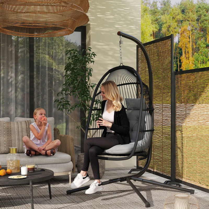 Outsunny Silla Colgante Huevo con Soporte, Columpio Jardín Exterior con Cesta Plegable, Cojín Anti-UV y Reposacabezas Desmontable para Interior y Exterior, Carga 150 kg, Gris Oscuro