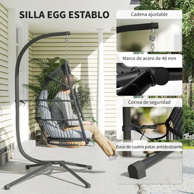 Outsunny Silla Colgante Huevo con Soporte, Columpio Jardín Exterior con Cesta Plegable, Cojín Anti-UV y Reposacabezas Desmontable para Interior y Exterior, Carga 150 kg, Gris Oscuro