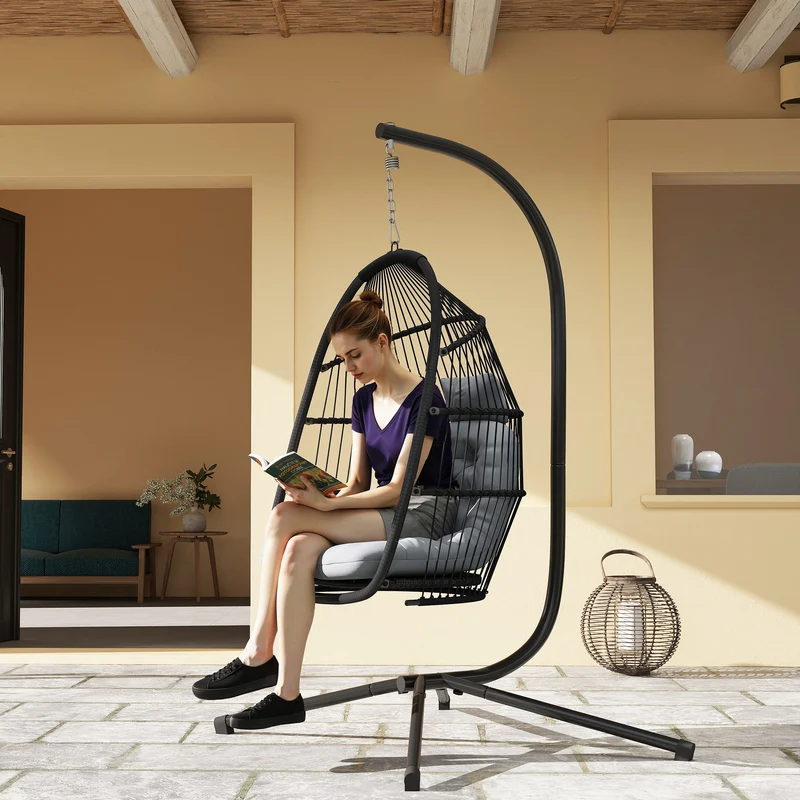 Outsunny Silla Colgante Huevo con Soporte, Columpio Jardín Exterior con Cesta Plegable, Cojín Anti-UV y Reposacabezas Desmontable para Interior y Exterior, Carga 150 kg, Gris Oscuro