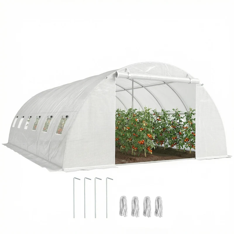 Outsunny Invernadero de Exterior 6x4x2 m, Invernadero de Túnel con 2 Varillas de Soporte, Puertas Enrollables, Ventanas de Malla, Cubierta PE y Marco de Acero Galvanizado, Anti-UV, Impermeable, Blanco