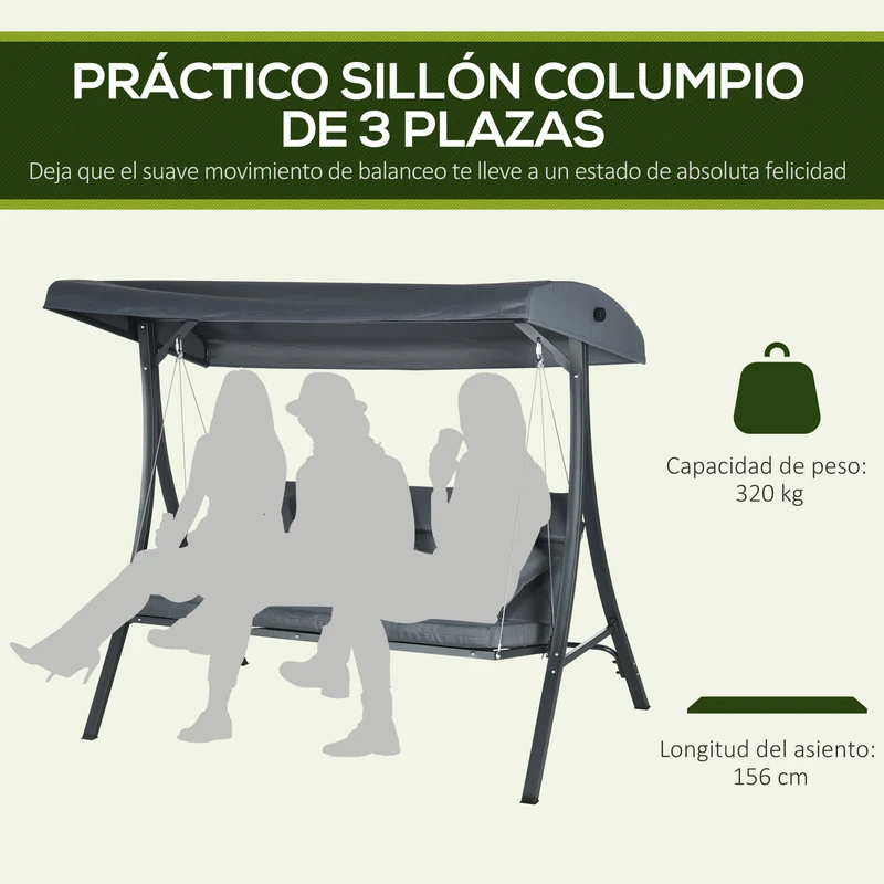Outsunny Columpio de Jardín Exterior de 3 Plazas, Balancín de Jardín Exterior con Techo Ajustable Cojines, Almohadas y Estructura de Acero, para Terraza, Patio, Carga 320 kg, 202x115x168 cm, Gris