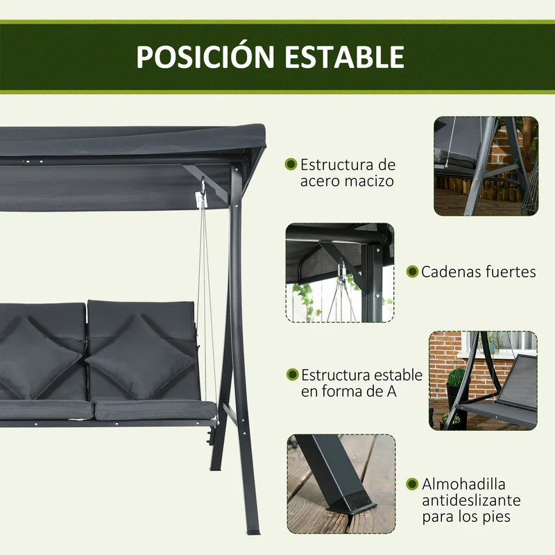 Outsunny Columpio de Jardín Exterior de 3 Plazas, Balancín de Jardín Exterior con Techo Ajustable Cojines, Almohadas y Estructura de Acero, para Terraza, Patio, Carga 320 kg, 202x115x168 cm, Gris