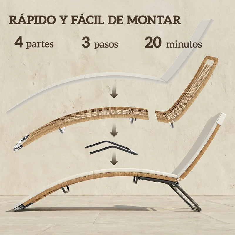 Outsunny Tumbona de Ratán en Forma de S, Tumbona de Jardín Exterior con Cojín, Asiento Transpirable y Estructura de Acero, Carga 120 kg, para Patio, Playa, Terraza y Piscina, Blanco Crema