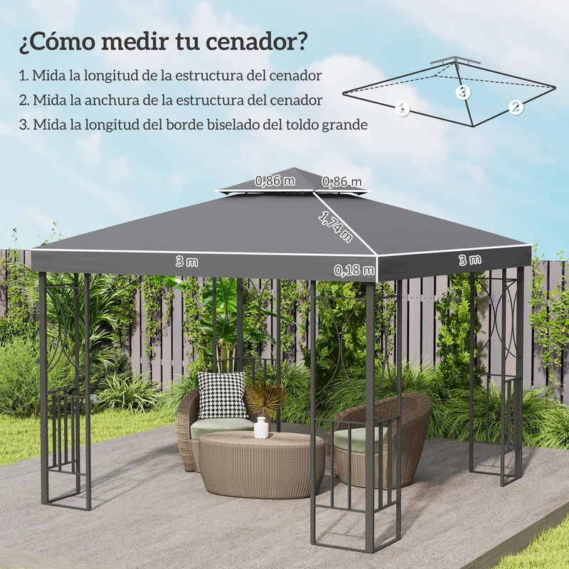 Outsunny Techo de Repuesto para Cenador, 3x3 m, Cubierta de Repuesto con Techo Doble, 8 Orificios de Drenaje y Protección UV, SOLO Toldo de Recambio para Pabellón Gazebo, Gris Oscuro