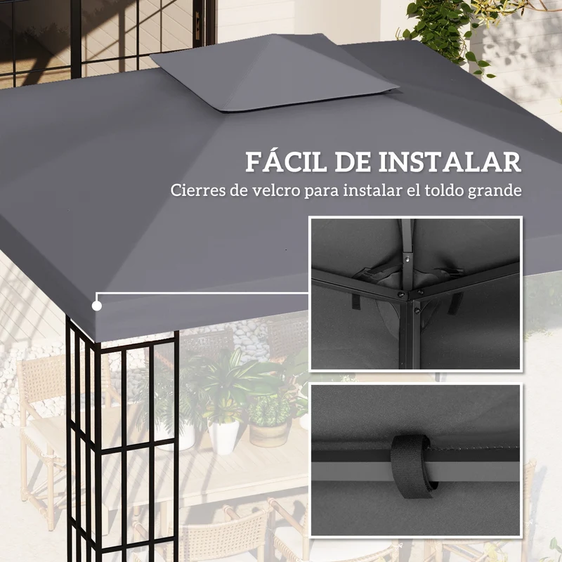 Outsunny Techo de Repuesto para Cenador, 3x3 m, Cubierta de Repuesto con Techo Doble, 8 Orificios de Drenaje y Protección UV, SOLO Toldo de Recambio para Pabellón Gazebo, Gris Oscuro