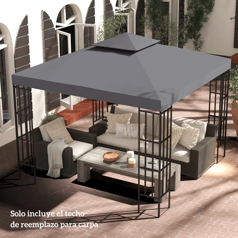 Outsunny Techo de Repuesto para Cenador, 3x3 m, Cubierta de Repuesto con Techo Doble, 8 Orificios de Drenaje y Protección UV, SOLO Toldo de Recambio para Pabellón Gazebo, Gris Oscuro