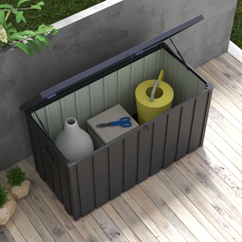 Outsunny Arcón Exterior Capacidad 450L, Baúl Almacenaje Exterior de Acero con 4 Ruedas, 2 Asas y Tapa Bloqueable, Resistente a la Intemperie, para Jardín, Terraza, Patio, 125,5x61,5x70 cm, Gris Oscuro